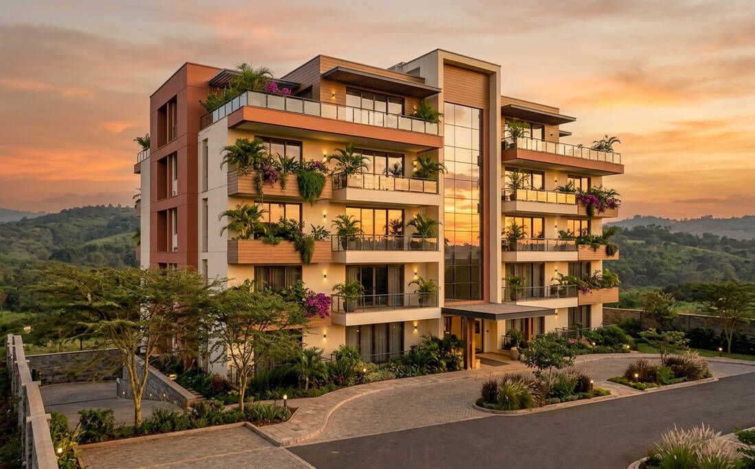 A modern apartment building in Kiambu at golden hour. Illustrative photograph, not a listing.