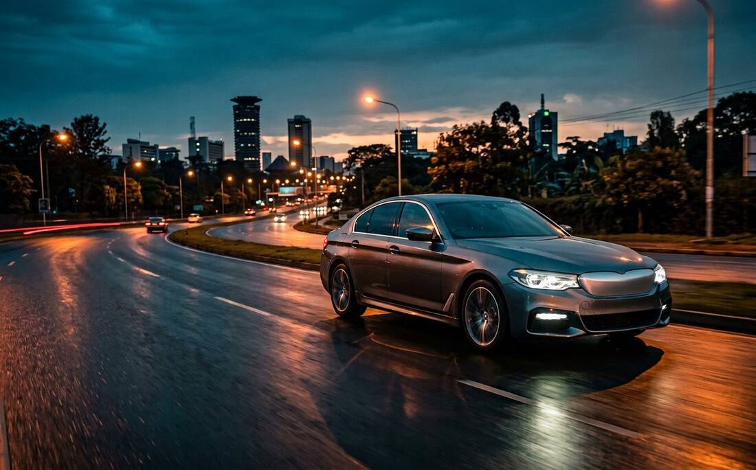 A silver sedan on a Nairobi road at dusk with headlights on. Illustrative photograph, not the garage's own.