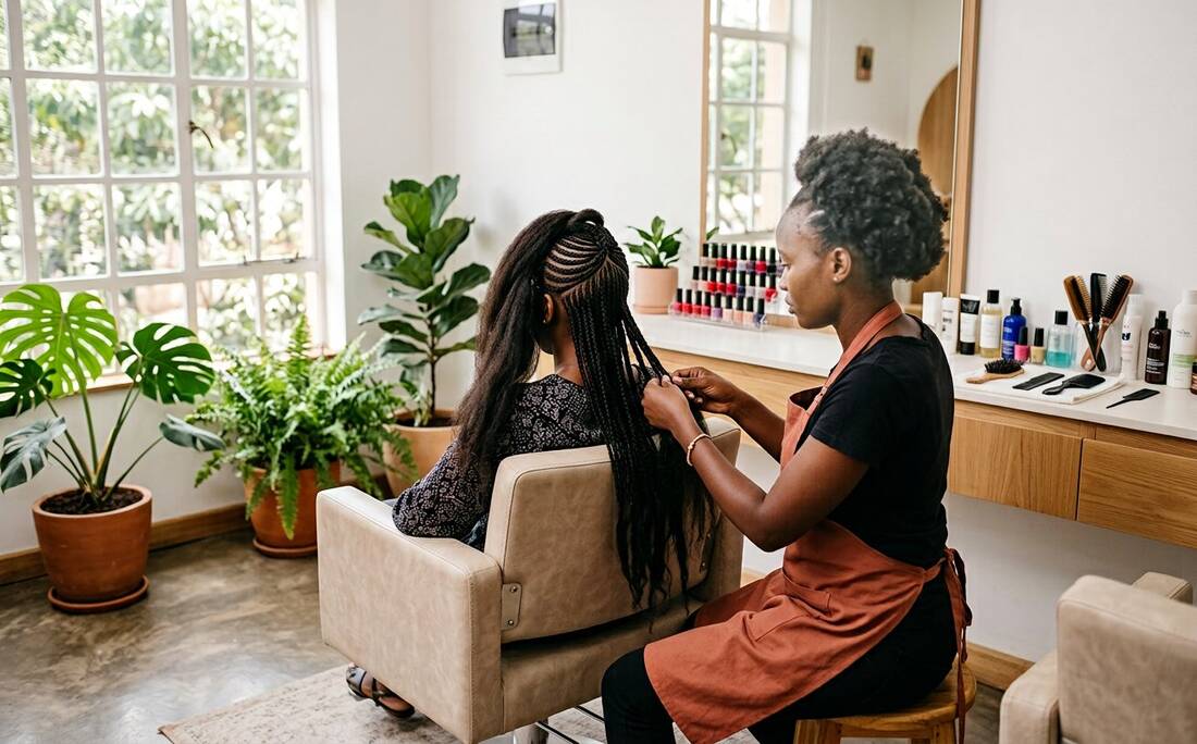 A stylist braiding a seated client's hair in a bright salon. Illustrative photograph, not the studio's own.