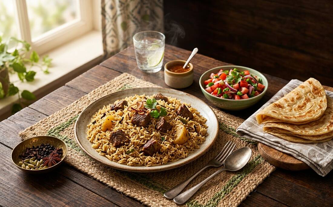 A plate of Kenyan pilau with beef, kachumbari and chapati on a wooden table. Illustrative photograph, not the restaurant's own.